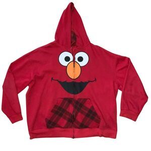 2XL VTG Sesame Street Elmo Red Plaid Pocket Full Zip Hoodie Sweatshirt Plus Size